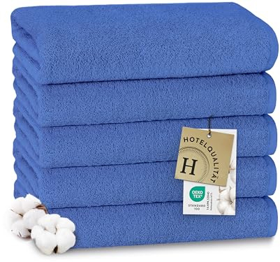ZOLLNER 5er Set Duschtücher in 70x140 cm - weiche und saugstarke Handtücher in blau - mit praktischem Aufhänger - waschbar bis 95°C - Baumwolle - Hotelqualität