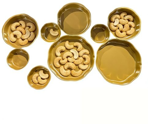 HohuzSruk Cluster Serving Bowls Aluminium 56 x 37 cm Cluster with 9 Round Serving Bowls Gold, Serving Bowls Set, 9-Compartment Dessert Plates for Home Decor Snack Serving Plates for Snacks Such as