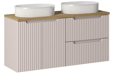 Deconation Meuble Double Vasques à Poser + Plateau Effet Chêne 120 Cm - A Portes + Tiroirs - Astral Beige