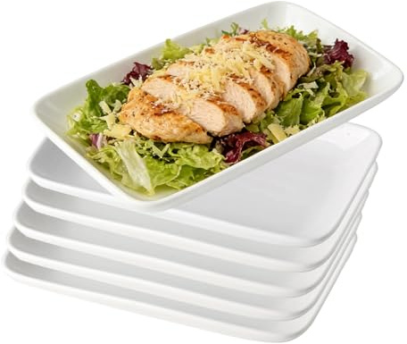 Luckwaii Serving Platter Small Dinner Plates Set of 6 Rectangle Plastic Plates Melamine Tray Sushi Plate White Serving Dishes 9.5 for Starter Dessert Salad Cake Party