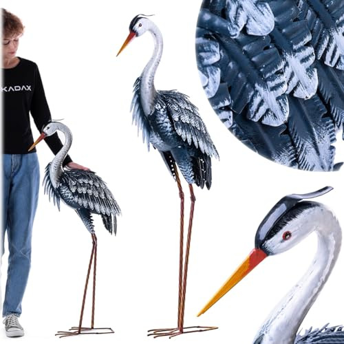 KADAX Reiher Gartenfigur 110 cm, große Gartenstatue aus pulverbeschichtetem Stahl, Metallfigur als Teichdeko für Garten, Teich & Terrasse, Gartenfiguren