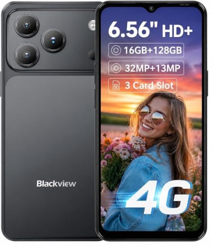 Blackview Wave 7C 4G Smartphone ohne Vertrag, 6,56'' HD+, 16GB+128GB (2TB Externe), AI Foto&Video-Erstellung, 32MP+13MP, 1080P Video, 3 Kartensteckplätze, Android 16 Dual SIM Handy, GPS Schwarz
