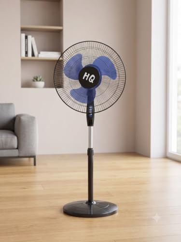 HQ Ventilatore a Piantana 16 (40 cm), Potenza 50W, Altezza Regolabile fino a 1,15 m, 3 Pale Blu ad Alta Efficienza, 3 Velocità e Funzione Oscillante, Base Stabile, Nero - Ideale per Casa e Ufficio