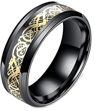 PAMTIER Ehering für Damen und Herren, Edelstahl, Karbonfaser, keltisches Drachenmuster, Titan Gold Edelstahl,