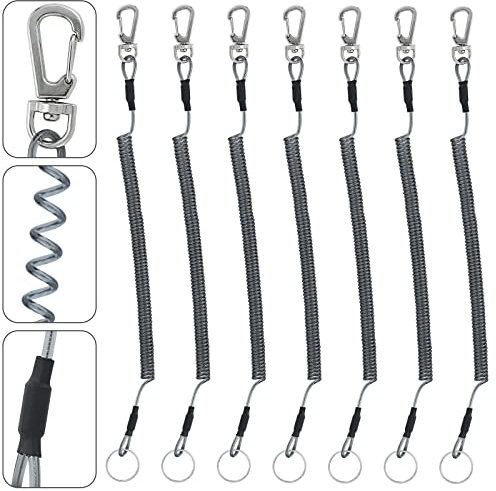 BB Hapeayou Fishing Lanyard (7Pcs) Heavy Duty Retractable Coiled Tether with Carabiner and Split Ring for Pliers/Boating/Tools(Style 1)
