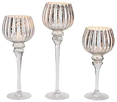 meindekoartikel 3er Windlicht Set Kelch mit Fuß aus Glas Höhe 30, 35, 40 x Ø13cm (Silber - Rillen Look)