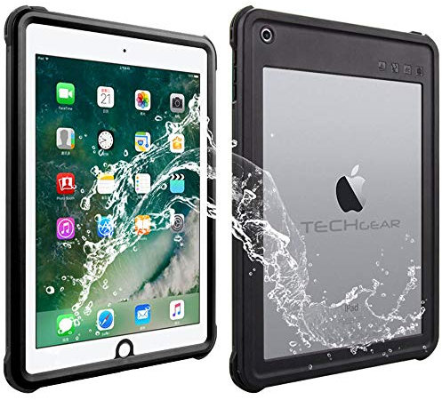 TECHGEAR Poseidon - Funda impermeable para iPad de 9,7 pulgadas, 6ª generación 2018 o 5ª generación 2017, delgada y resistente a los golpes, incluye protector de pantalla integrado, soporte y correa para el cuello