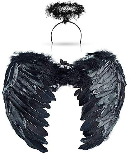 Jackcell Diadema de alas de ángel y halo para disfraces de niños, accesorios de vestir de plumas para fiesta de cosplay para niños y mujeres, Negro, Large