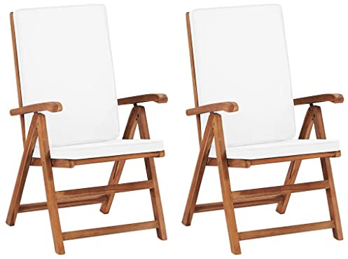 vidaXL 2X Teak Massiv Garten Liegestuhl mit Auflagen Gartenstuhl Hochlehner Klappstuhl Essstuhl Holzstuhl Gartenmöbel Stuhl Stühle Creme