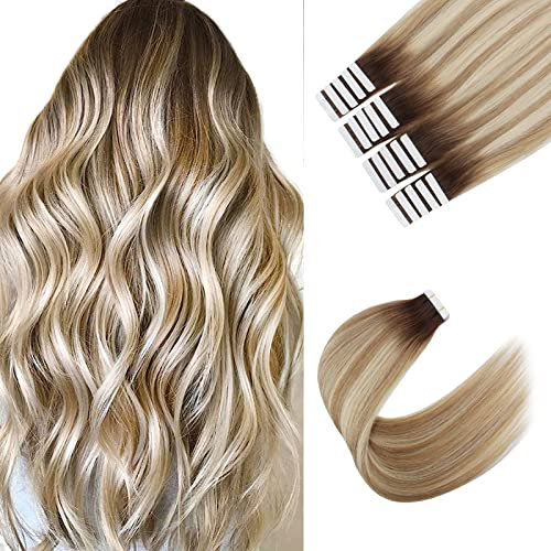 Sixstarhair Echthaar Extensions Tape 20pcs 50g 45cm Tape In Haarverlangerung Kurz Haar Wurzelbraun, Das Zu Aschbraun Verblasst, Gemischt Mit Strandblond Tape Extensions Echthaar