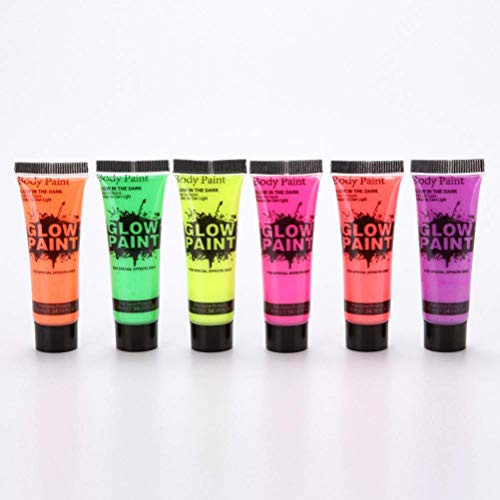 6Pcs UV Neon Face and Body Paint, Blacklight Washable Glow in The Dark Body Paints Glitter Face Paint Festival Accessories for Halloween and Carnival