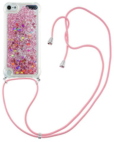 COTDINFOR Compatible avec iPod Touch 7 Coque Liquid Case Glitter Sparkle Bling Flowing Antichoc Protecteur Lanyard Silicone Étui Housse for iPod Touch 5/6 / 7 TPU Rose Love YB.