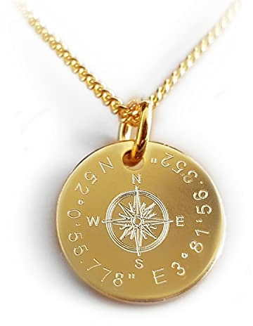 Vergoldete Kompass Kette mit Wunsch- Gravur, Zitate oder Koordinaten, Personalisiertes Geschenk für Damen