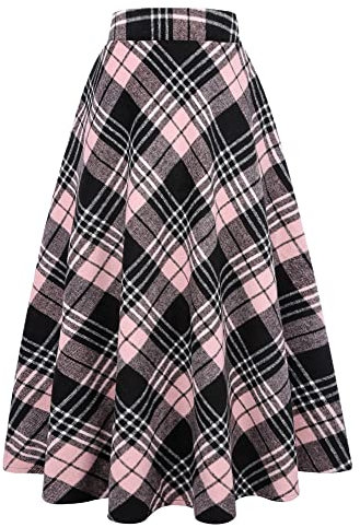 Ylingjun Gonna lunga in lana scozzese per donna inverno autunno caldo alto elastico in vita una linea svasata plissettata in lana tartan gonne, Rosa 02., XX-Large