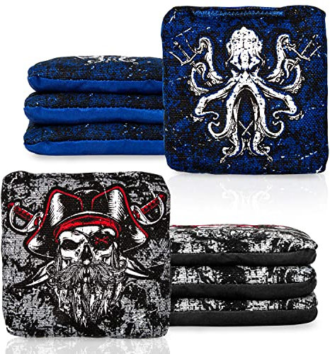 Play Platoon Turnier-Serie Cornhole Bags – Pro Style doppelseitige glatte und klebrige Seitentaschen – Set mit 8 – entworfen in den USA – 4 graue Piraten und 4 blaue Kraken – entworfen in den USA