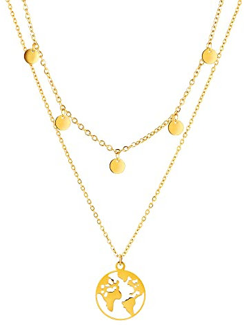 KIM JOHANSON® Edelstahl Damen Multi Layer Halsketten *Coin & World* in Silber, Gold & Roségold | Mit 5 Plättchen | Boho Schmuck für Frauen | Kreise Kette | Wasserfest | verstellbar inkl. Schmuckbeutel