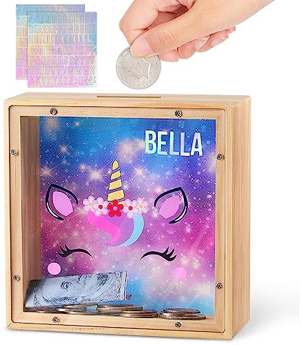 MHJY Spardose für Kinder, hölzerne Sparschweine für Mädchen Jungen Einhorn Sparbüchse Acryl mit DIY Alphabet Aufkleber
