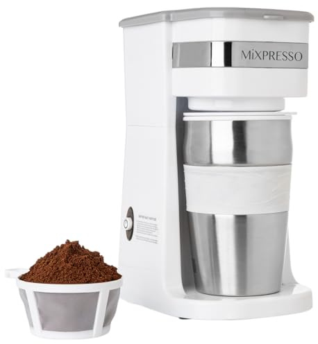 Mixpresso White Personal Single Serve Coffee Maker with 14oz Travel Mug, Drip Small Coffee Maker with Auto Shut Off, Reusable Filter, Works with Ground Coffee Only – Not for K-Cup Pods
