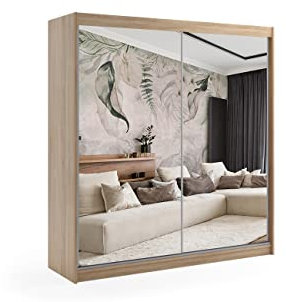 ALTDECOR Kleiderschrank mit Spiegel und Schiebetüren, kugelgelagerte Führungsschienen und Aluminium-Leisten, LED-Beleuchtung (weiß + 16 Farben) und Fernbedienung - DEBI - 200 cm Sonoma