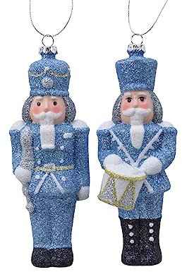Set of 2 - Traditional Christmas Nutcracker Soldiers - Shatterproof Decoration/Christmas Tree Bauble - Blue Glitter - 15 cm