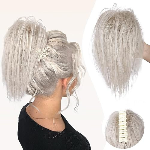 colorful panda Pferdeschwanz mit Klammer Glatt Kurz Clip in Claw Haargummi Haarteil Ponytail Natürliches Kunsthaar Haar Haarverlängerunge Unordentlich Dutt platinblond für Damen Mädchen,26cm