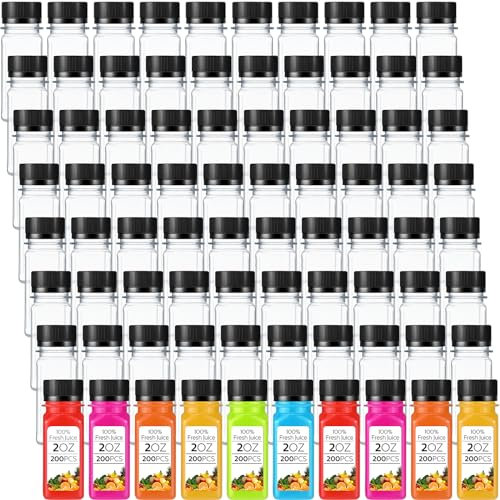 Sliner 200 Pcs 2oz Small Plastic Juice Bottles Ginger Juice Bottle with Lids Liquid Vial Reusable Clear Beverage Container with Lid, Freezer Safe, Leak Proof for Juice, Water, Milk(Black Lid)