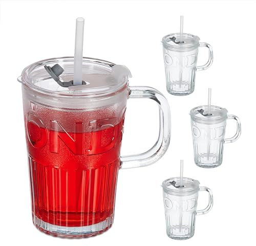 Relaxdays Trinkgläser 4er Set, Getränkebecher mit Deckel & Strohhalm, Saftglas 450 ml, Glasbecher Henkel, transparent