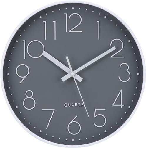 Wall Clock 12 Inch Silent Non-Ticking Modern Wall Clocks Battery Operated Grey Easy To Read Clock for Office Home Decor Bathroom Kitchen Bedroom School Living Room