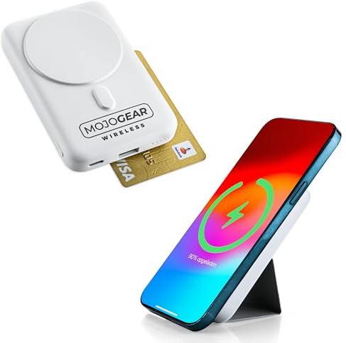 MOJOGEAR Power Bank Wireless MagSafe 10.000 mAh - Power bank magnetico e wireless per Smartphone/Telefono/Smartwatch - Adatto per iPhone 12/13/14/15/16 - Con supporto integrato - Bianco