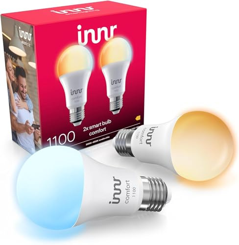 Innr Smart Bulb E27, Warm to Cool White, Works with Hue* and Zigbee Hubs | LED screw bulb, 2000K-6500K, 50% more brightness, 1150 lumen, Dimmable, 2-pack