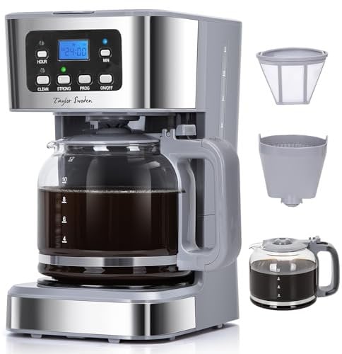 Taylor Swoden Cafetiere Filtre, Programmable 24h Cafetiere Electrique 1,5L à 12 Tasses, Machine a Cafe Maintien au Chaud et Anti-Goutte 40 Min, Infusion Rapide, 950W, 0% BPA, Gris- Pewter