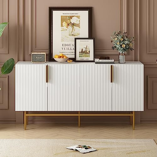 Modernes Kommode, Elegantes Sideboard mit 4 Türen, goldfarbener Metallgriff, Buffetschrank für Esszimmer, Wohnzimmer, Schlafzimmer, Flur (Weiß)