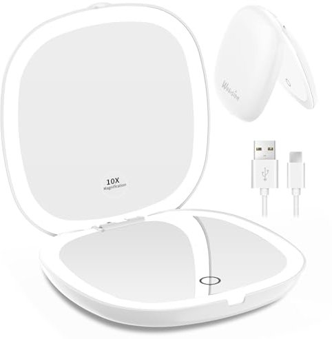 WOBSION Miroir de Poche Rechargeable, Miroir de Maquillage pour Voyage, Petit Grossissant 1x/10x Miroir Lumineux pour Femme, Double Face Lumière Dimmable LED Miroirs pour Sacs à Main, 10cm, Blanc