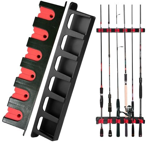 SJDOFU Rutenständer Rutenhalter Wandhalterung, Angelrutenständer Wandhalterung Rutenhalter Wand Vertikale Angelrutenstände für Die Wandmontage zur Aufbewahrung von 6 Ruten(Red)