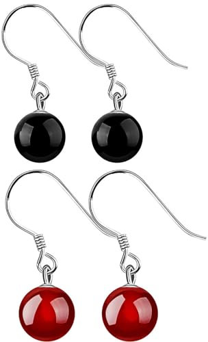 Hmzidz Damen Onyx Kugel Ohrringe Hängend - Modeschmuck 925 Silber mit Rote/Schwarz Onyx - Schönes Set für Frauen und Mädchen