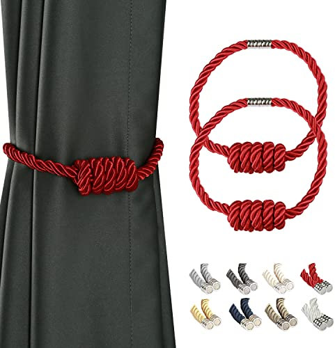 BEL AVENIR Alzapaños magnéticos para cortinas, modernos alzapaños tejidos con exquisito nudo, soportes para cortinas para decoración del hogar (rojo, paquete de 2)