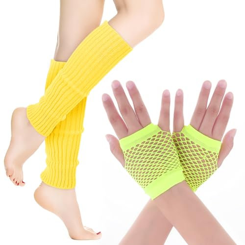Yolev Neon Leg Warmers Netz Handschuhe Set 80er Jahre Outfit Zubehör für Damen Retro Stretch Beinstulpen Netz Fingerlose Handschuhe 80er Jahre Party Sport Yoga Bekleidungs Zubehör Blau