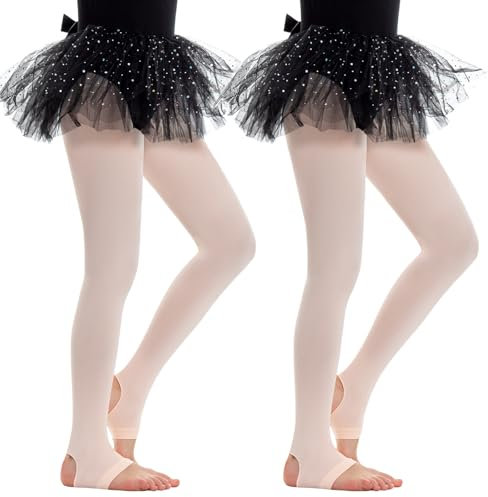 MANZI 2 Pairs 40 Denier Girl's Ballet Tights Convertible Foot Stirrup Dance Tights for Girl's Performance Ballet Pink M Age 7-10