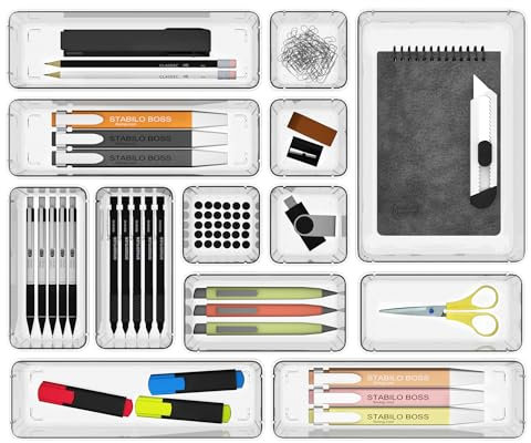 Cetomo Juego de 14 organizadores de cajones, organizador de almacenamiento de plástico, separadores de cajones, ajustable y expandible, bandeja contenedor para utensilios de cocina, cosméticos,