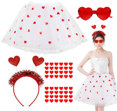 Amor Kostüm Set Damen, Weiß Tüllrock, Herz Haarreif, Herz Sonnenbrille, Weiß Tutu Rock mit 48pcs Herz Glitzer Sticker, für Karneval Valentinstag Mottoparty Amor Kostüm Damen Accessoires