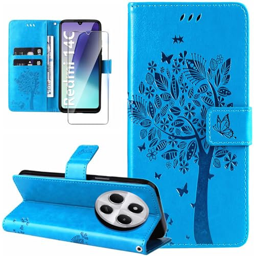 Dcjlbo Cover per Xiaomi Redmi 14C Custodia Cover in Pelle Portafoglio a Libro con Pellicola Vetro Temperato Porta Carte Magnetica Cover Flip Case Cuoio Antiurto Custodia per Xiaomi Redmi 14C-Blu