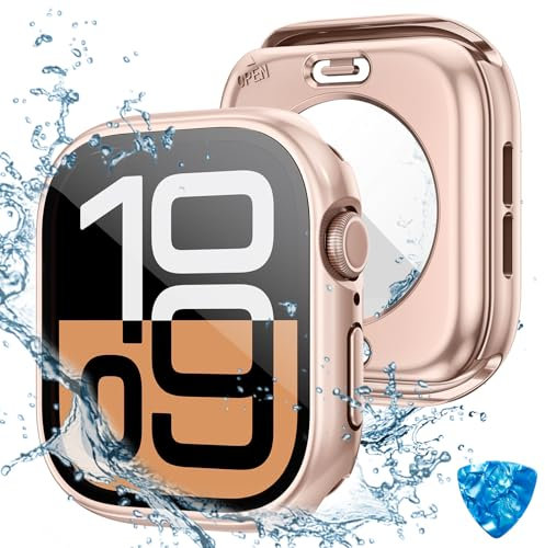 HWeggo [2 en 1 Housse étanche pour Apple Watch Series 10 Housse de protection 46mm,Couverture PC 360° avec protection d'écran en verre trempé,Pare-chocs avant et arrière pour iWatch 10 (or rose)