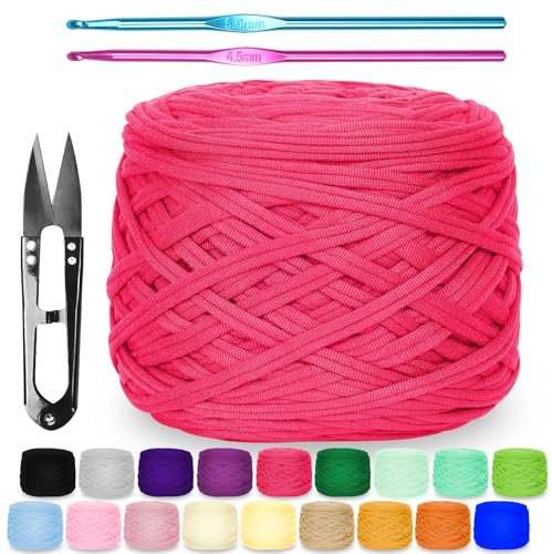 Zefphxs 290g T-Shirt Garn, Bändchengarn Polyester Rope zum Häkeln, T Shirt Garn, Textilgarn zum häkeln für körbe Teppiche, Heimdekoration, DIY-Kunsthandwerk (Rosarot)