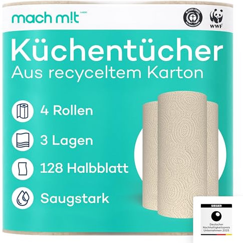 mach m!t Pure - Rollo de cocina de 3 capas, 4 rollos, 128 hojas por rollo, sin lejía, fabricado en Alemania, de cartón reciclado, extra absorbente y respetuoso con el medio ambiente, reciclable, papel