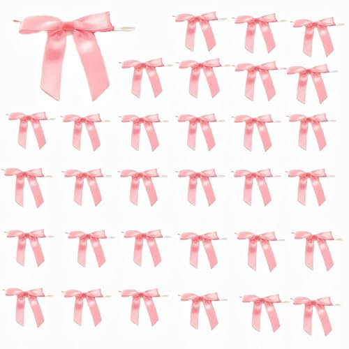 50 PCS Pink Bows for Christmas Tree Crafts - Small Pink Satin Twist Tie Bows for Tree Decor, Cake, Gift Wrapping, Ornaments & Party Decorations