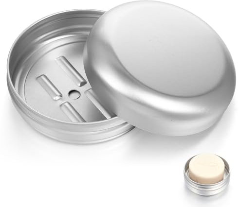 Nogeqi 2 contenitori per sapone in alluminio, da viaggio, impermeabili, in metallo, da viaggio, con sgocciolatoio, sapone da barba, shampoo solido per casa, viaggi, campeggio (round)