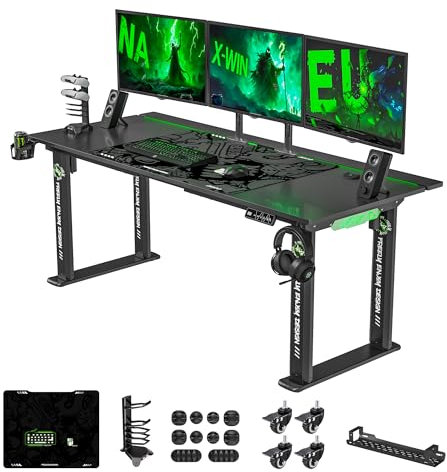 Klobel 71 x 30 Gaming Standing Desk, 4-Leg Electric Height Adjustable, Sit to Stand Desk with LED Light and Locking Wheels, Flip-Top Design, Ergonomic Computer Desk, Carbon Fiber Texture