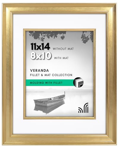Americanflat 11x14 Picture Frame with Decorative Inner Mat Accent - Displays 8x10 Photos with Mat or 11x14 Without - Veranda Collection - Gold Vintage Frames with Shatter-Resistant Glass | Decorative inner mat accent, Shatter-resistant glass, hangs vertical or horizontal, sawtooth hangers included