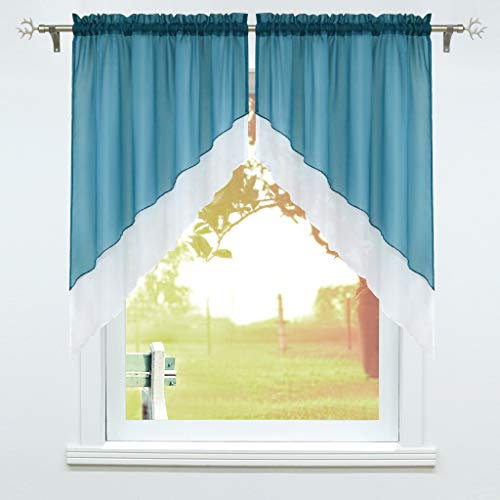 SCHOAL Scheibengardine mit Tunnelzug 2 Stück Kleinfenster Gardinen Küche Set Bistrogardinen Voile Stores Fenstergardine Modern Blau #1 BxH 120x145cm