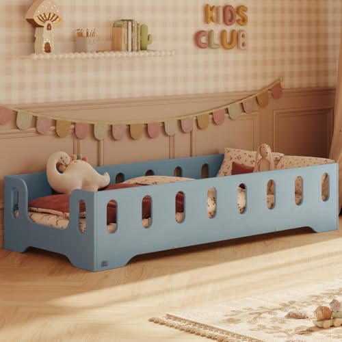 smartwood Bodenbett 60x120 cm mit Rausfallschutz, Holz, Blau, TILA 2B
